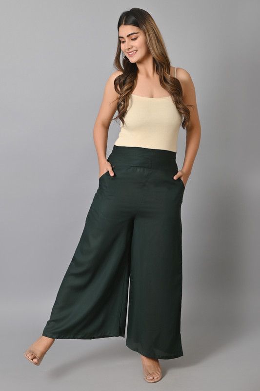 Women Regular Fit Dark Green Silk Blend Trousers
