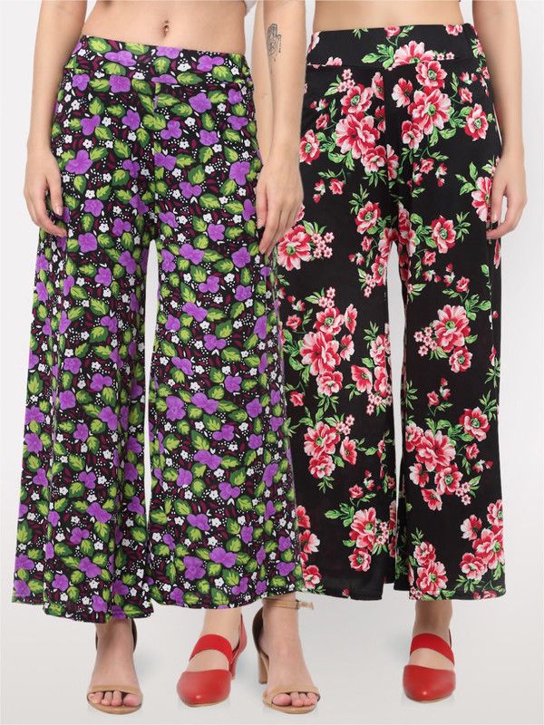 Pack of 2 Women Regular Fit Green, Multicolor Viscose Rayon Trousers
