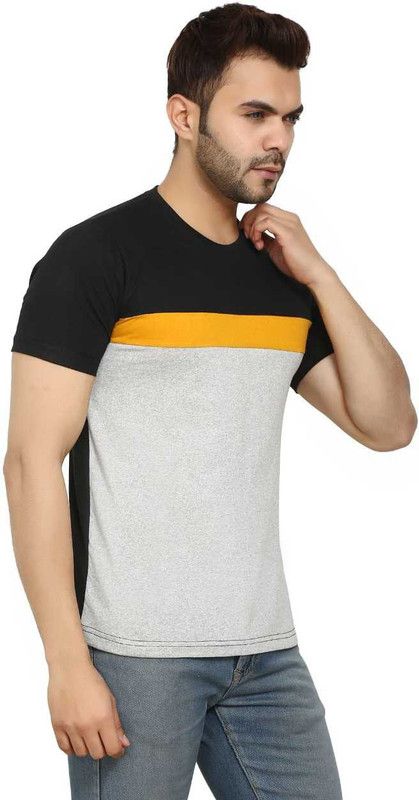 VUZZAN Men Striped Round Neck Pure Cotton Black, Yellow T-Shirt