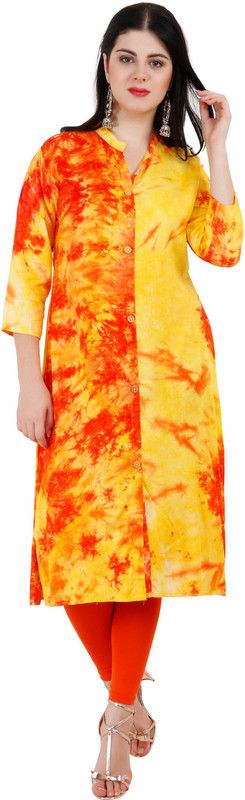 Women Printed Cotton Rayon Straight Kurta  (Orange, Yellow)
