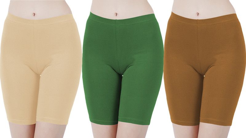 Pack of 3 Solid Women Beige, Green, Khaki Cycling Shorts