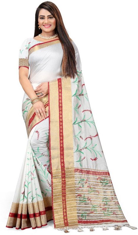 Hand Painted Bollywood Silk Blend, Jacquard Saree  (White)