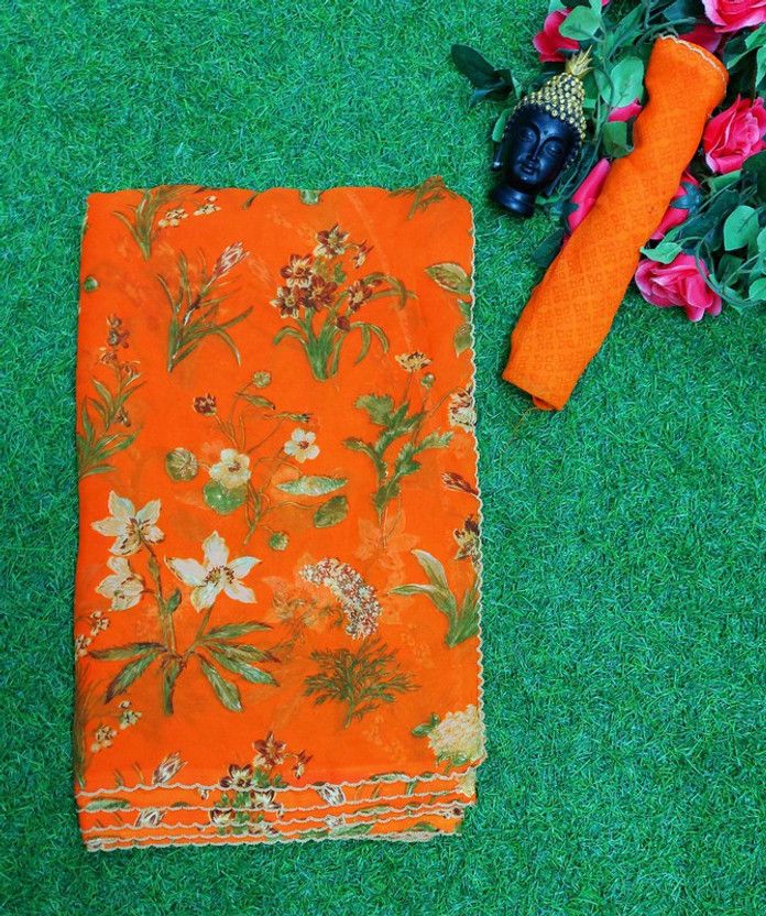 Printed Kalamkari Georgette Saree  (Orange)