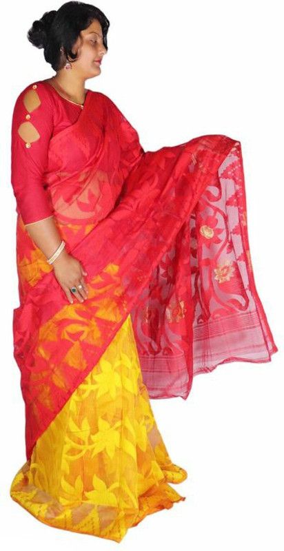 Woven Jamdani Cotton Silk Saree  (Red, Yellow)