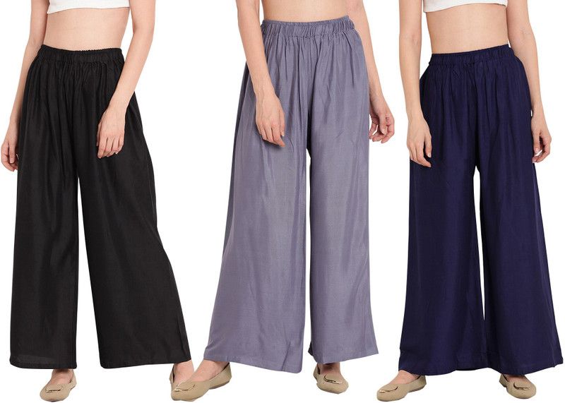 Pack of 3 Women Relaxed Black, Grey, Dark Blue Viscose Rayon Trousers