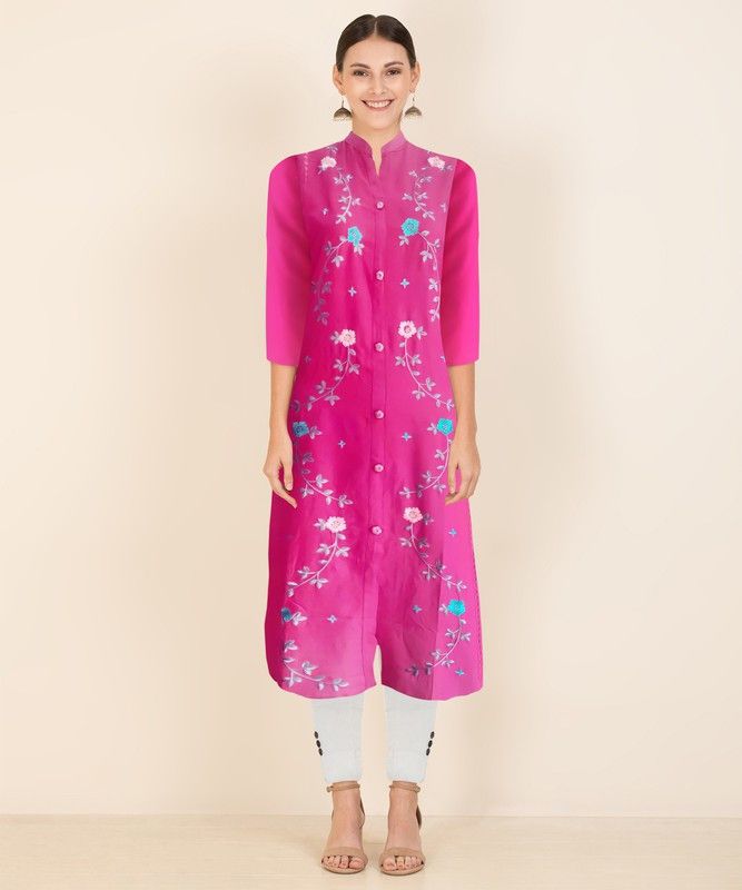 Women Embroidered Cotton Rayon Ethnic Dress  (Pink)