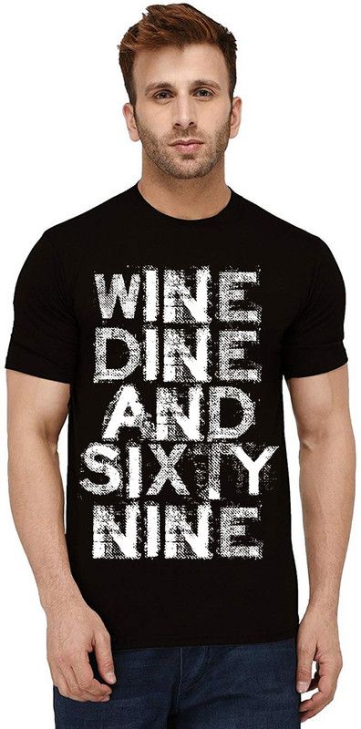 Wine Dine 69 Men Printed Round Neck Pure Cotton Black T-Shirt