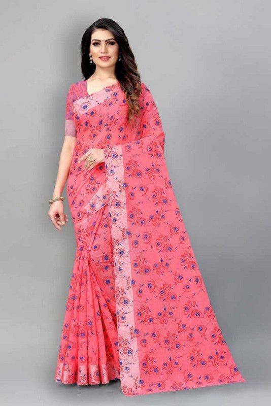 Printed Daily Wear Cotton Linen, Pure Cotton Saree  (Pink)