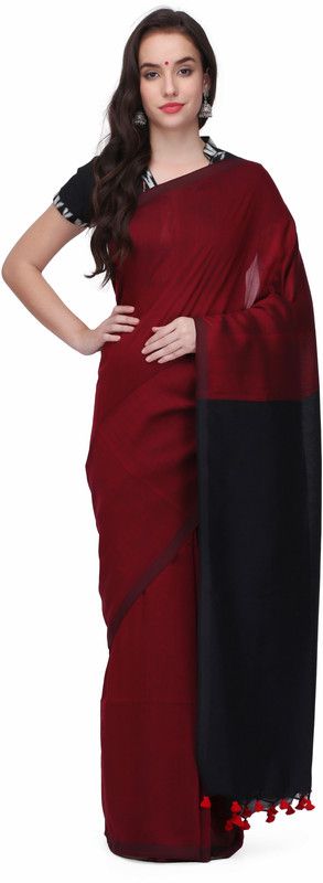 Solid/Plain Handloom Cotton Blend Saree  (Maroon)