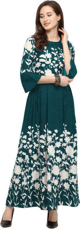 Polyester Stitched Flared/A-line Gown  (Green, White)
