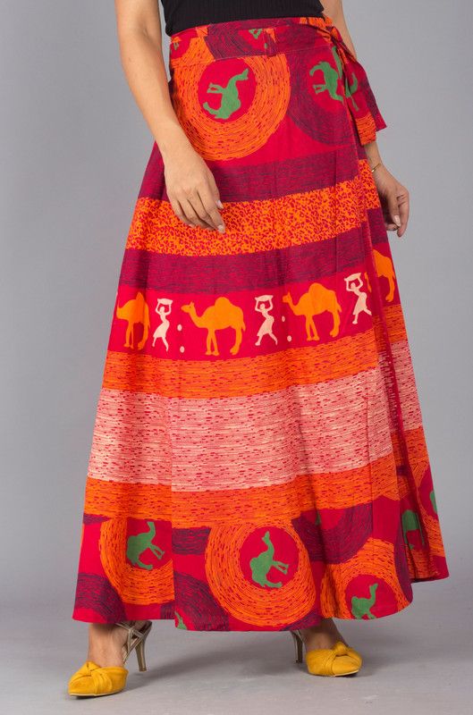 Women Printed Wrap Around Red, Orange Skirt