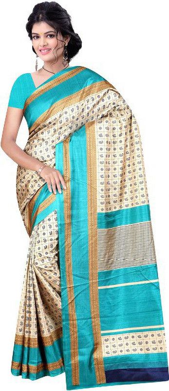 Printed Daily Wear Art Silk Saree  (Blue, Cream)
