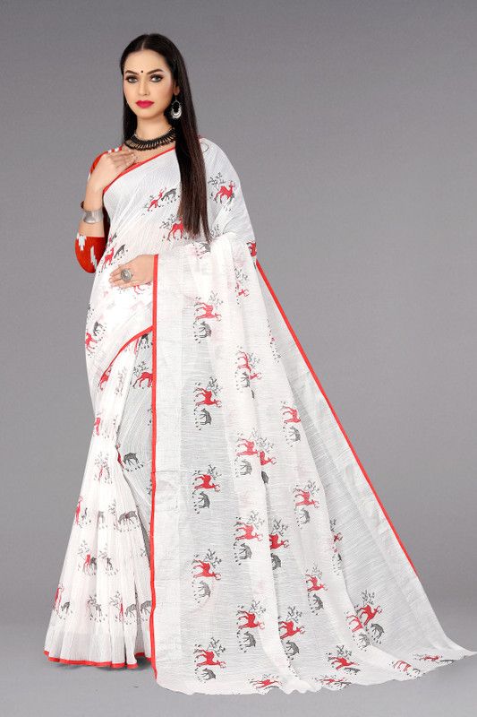 Daily Wear Cotton Linen Saree  (Red)