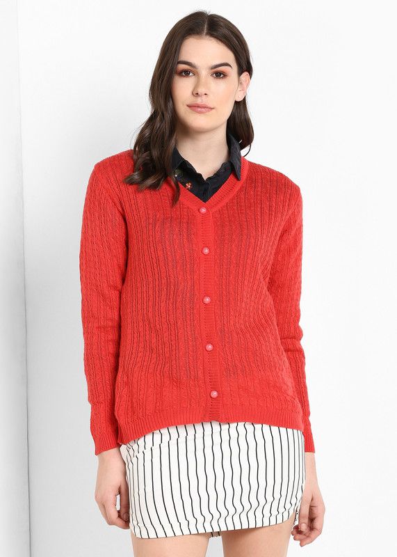 Women Self Design, Printed, Floral Print, Polka Print V Neck Red Sweater