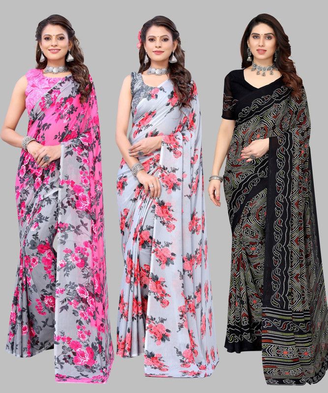 Floral Print Fashion Georgette Saree  (Pack of 3, Multicolor)