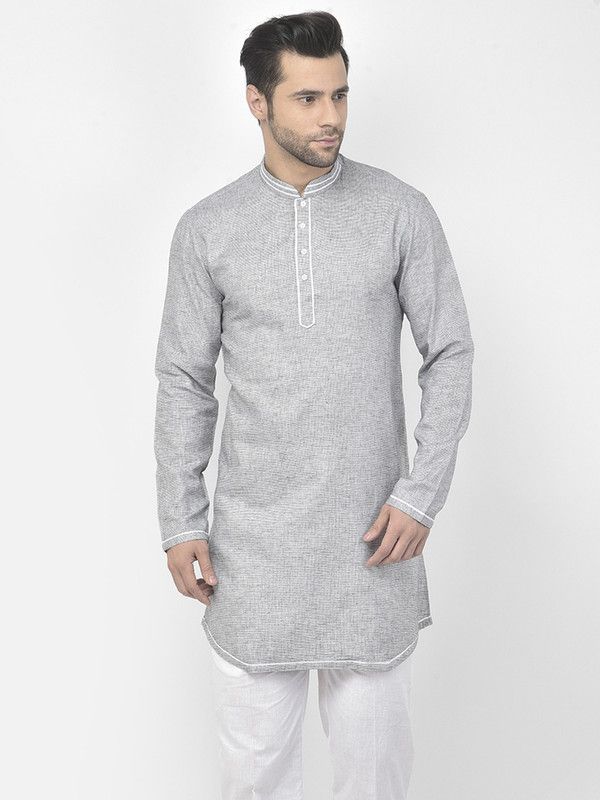 Men Woven Design Pure Cotton Straight Kurta  (Silver)