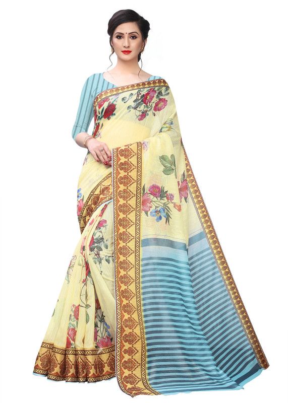 Printed Daily Wear Cotton Linen Saree  (Beige)