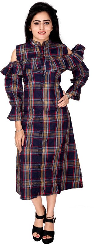 Casual Cold Shoulder Sleeves Checkered Women Multicolor Top