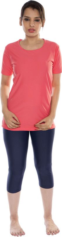 Round Neck T shirt & Capri Swimwear Set Solid Women Swim-dress Pink Swimsuit
