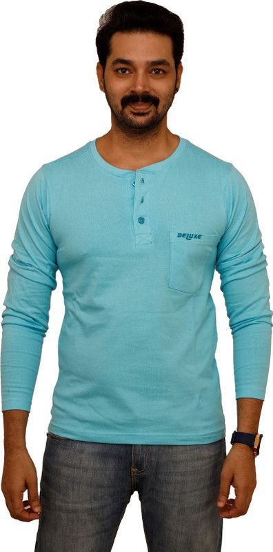 Men Embroidered Henley Neck Cotton Blend Light Blue T-Shirt
