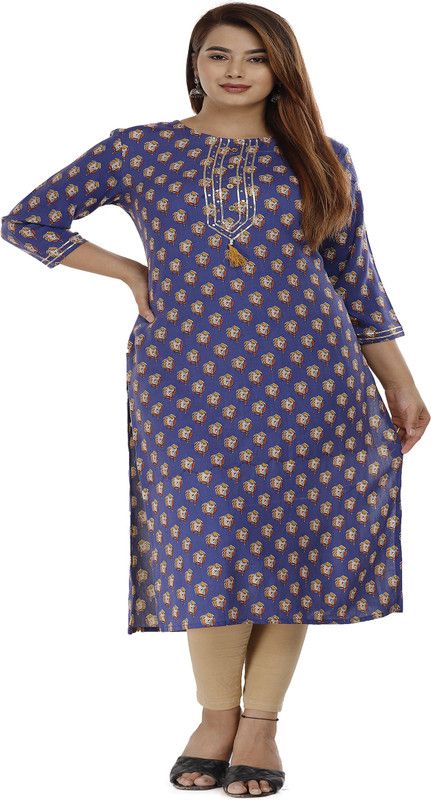 Women Printed, Block Print, Floral Print Viscose Rayon Straight Kurta  (Blue)
