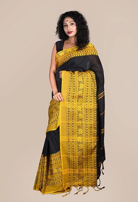 Solid/Plain Dharmavaram Pure Cotton Saree  (Black)