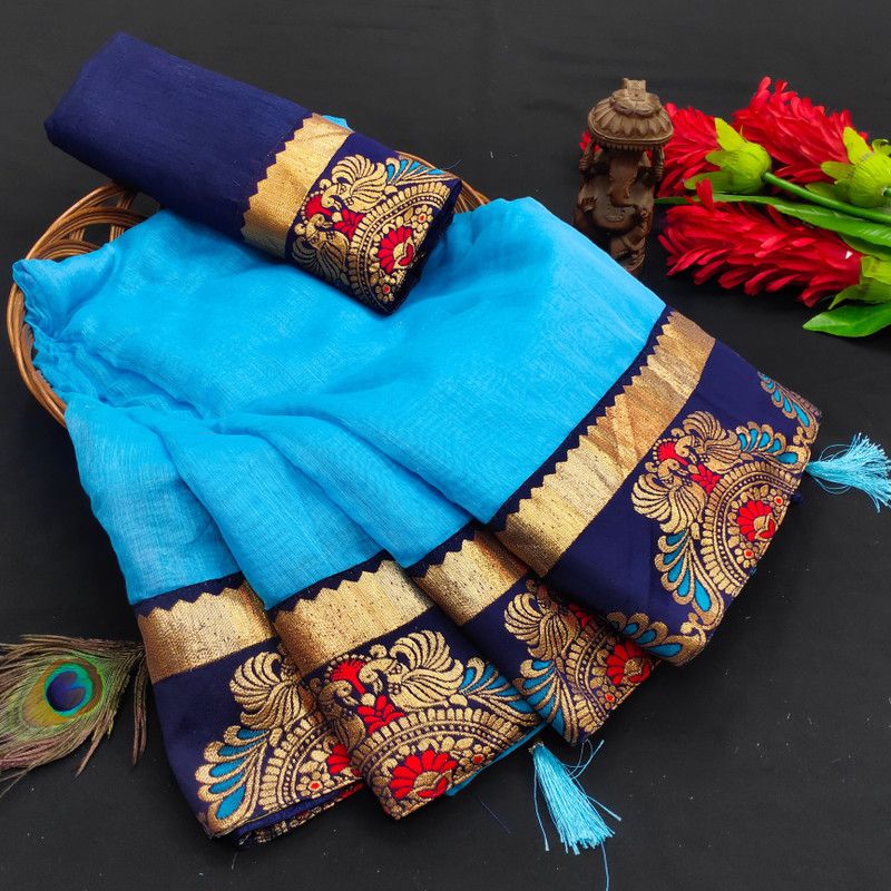 Self Design Jamdani Chanderi Saree  (Light Blue)