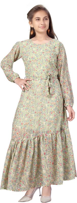 Girls Maxi/Full Length Casual Dress  (Green, Full Sleeve)