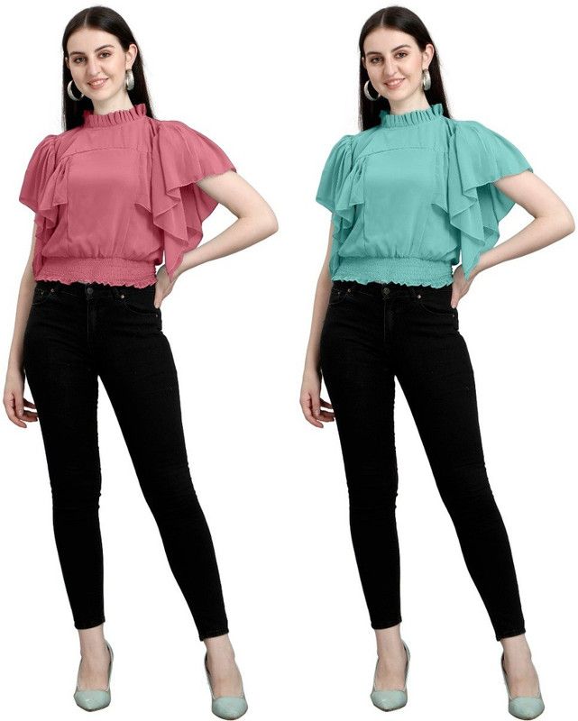 Casual Flared Sleeves Self Design, Embellished Women Light Blue, Pink Top