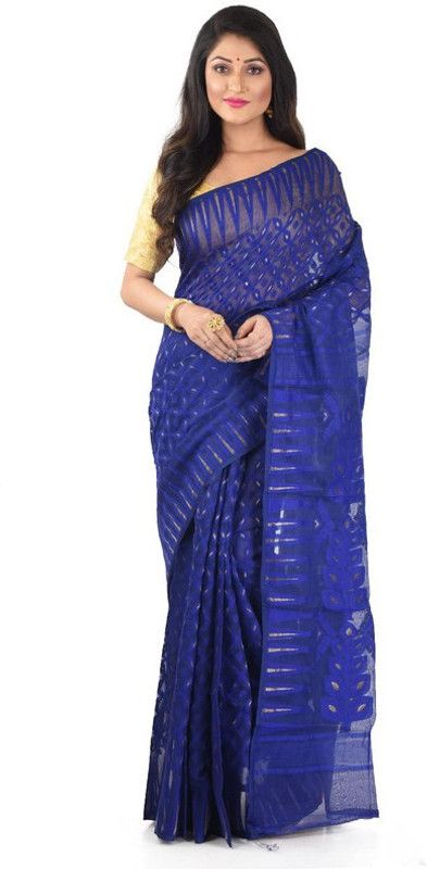 Embroidered Jamdani Cotton Silk Saree  (Dark Blue)