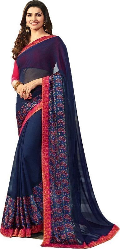 Floral Print Bollywood Cotton Blend, Satin Saree  (Blue)