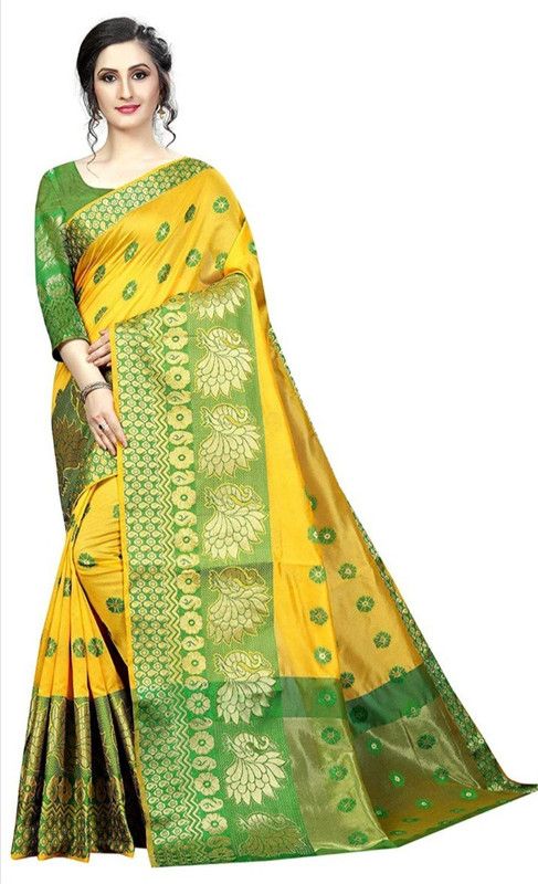 Checkered Banarasi Cotton Blend Saree  (Gold)