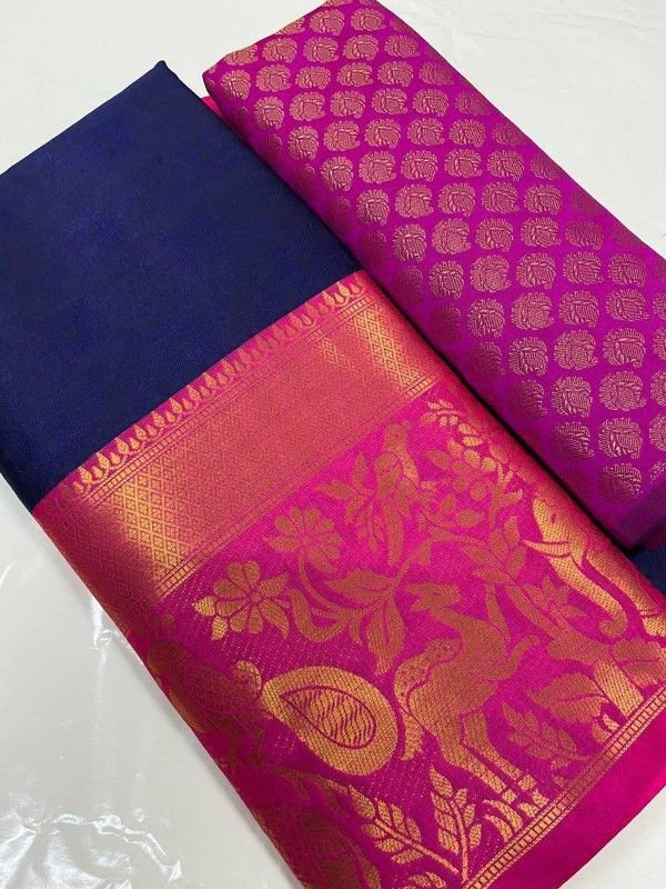 Color Block, Temple Border, Ombre, Striped, Woven, Polka Print, Dyed, Solid/Plain, Checkered Paithani Pure Silk, Cotton Silk Saree  (Dark Blue, Pink)