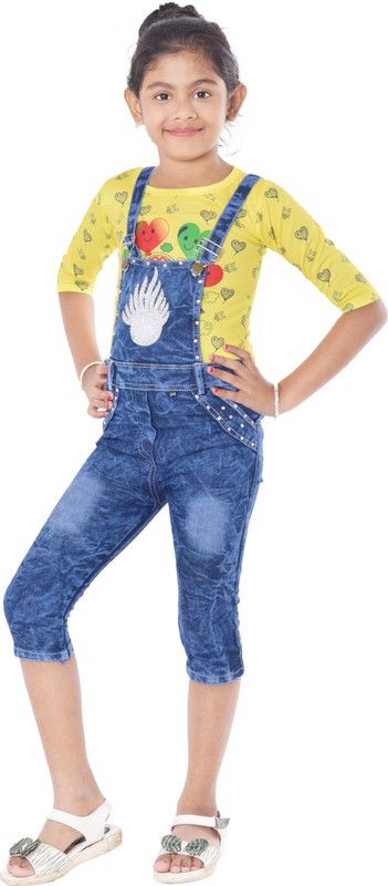 Dungaree For Baby Girls Printed Hosiery, Denim  (Multicolor, Pack of 1)