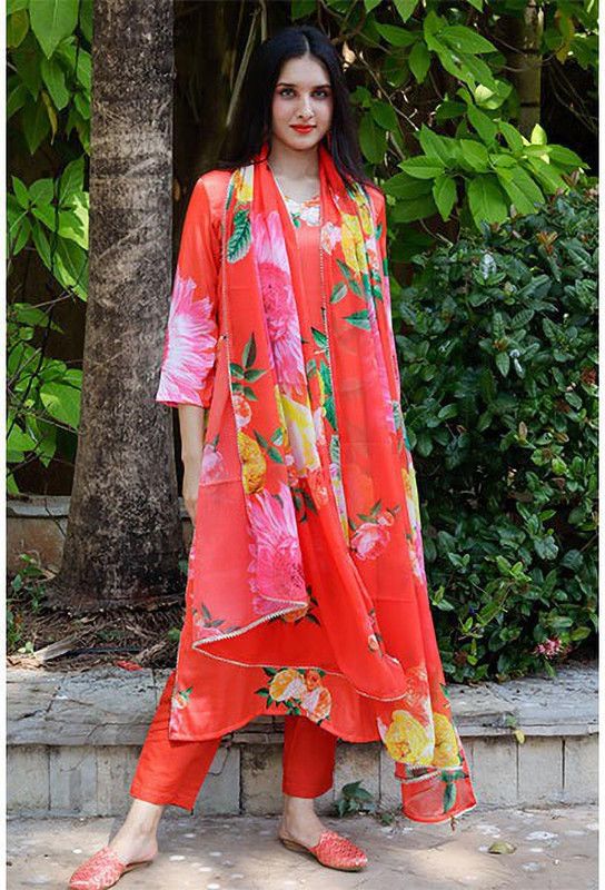 Sweetheart Neck, Straight Long Sunshine Kurta With Pant And Dupatta For Women Floral Print Kurta, Trouser/Pant & Dupatta Set