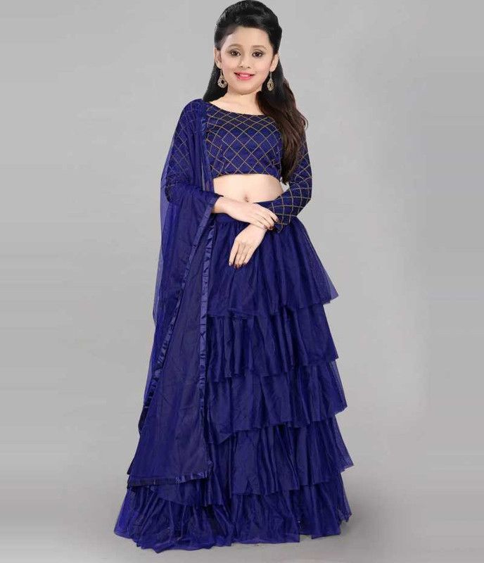 Girls Lehenga Choli Ethnic Wear Solid Lehenga, Choli and Dupatta Set  (Blue, Pack of 1)