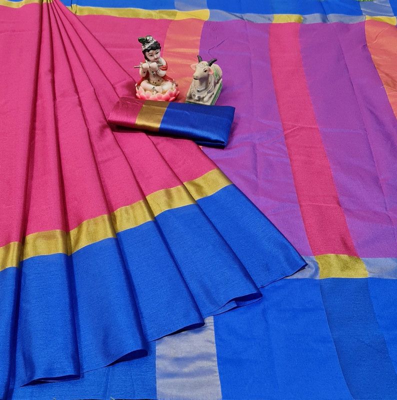 Striped Fashion Cotton Silk Saree  (Blue)