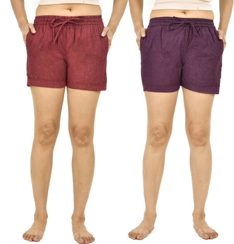 Pack of 2 Solid Women Maroon, Purple Regular Shorts