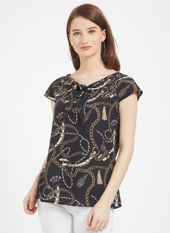 Casual Cap Sleeves Printed Women White, Black, Beige Top