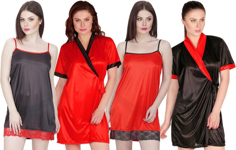 Pack of 4 Women Nighty with Robe  (Red, Black)