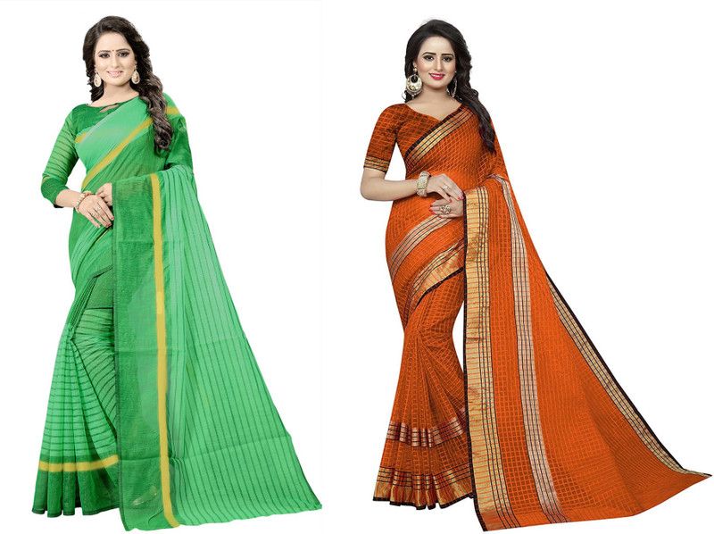 Striped Daily Wear Cotton Silk Saree  (Pack of 2, Dark Green, Brown)