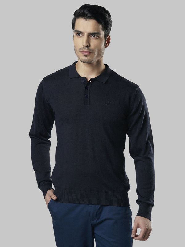 Men Solid Collared Neck Dark Blue Sweater