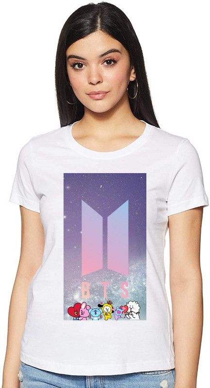 Women Printed Round Neck Cotton Blend White T-Shirt