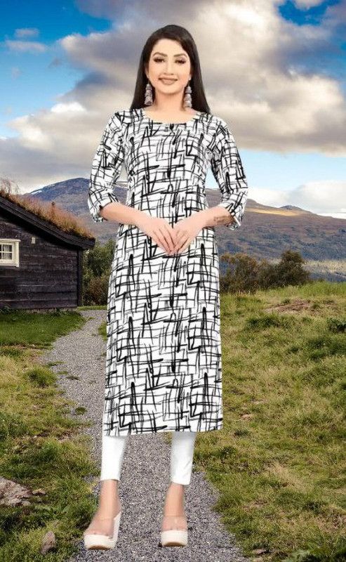 Women Geometric Print Crepe A-line Kurta  (White, Black)