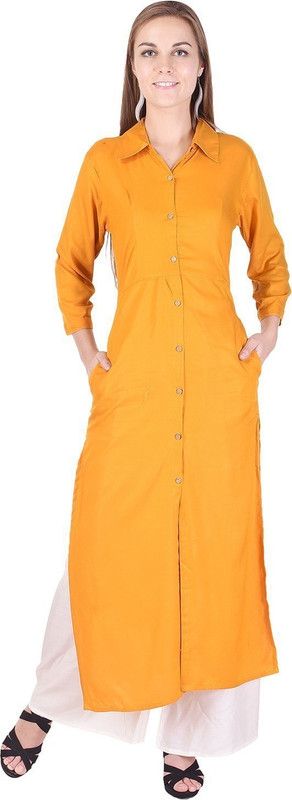 Women Solid Cotton Rayon Frontslit Kurta  (Yellow)