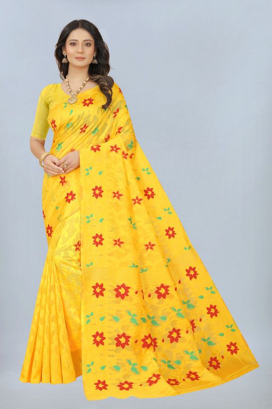 Woven Jamdani Jacquard Saree  (Red, Gold)