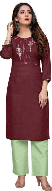Women Embroidered Pure Cotton Straight Kurta  (Maroon)