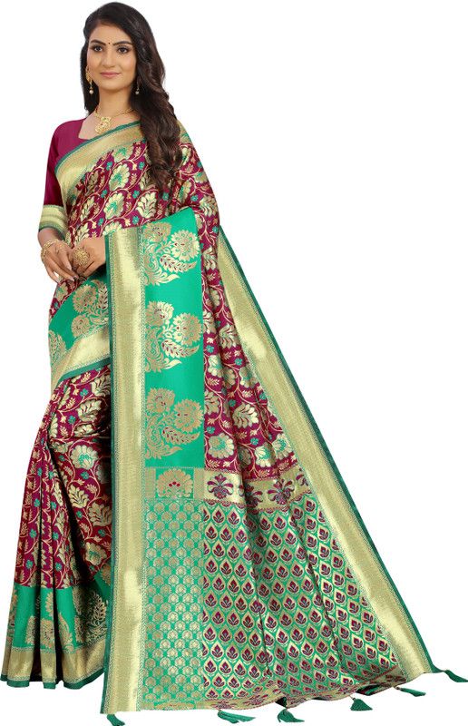 Woven Banarasi Jacquard Saree  (Magenta)