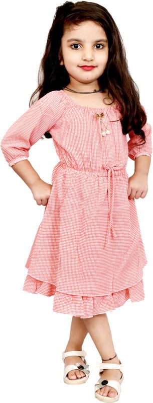 Girls Calf Length Casual Dress  (Red, 3/4 Sleeve)