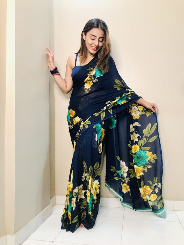 Floral Print Bollywood Georgette Saree  (Dark Blue)